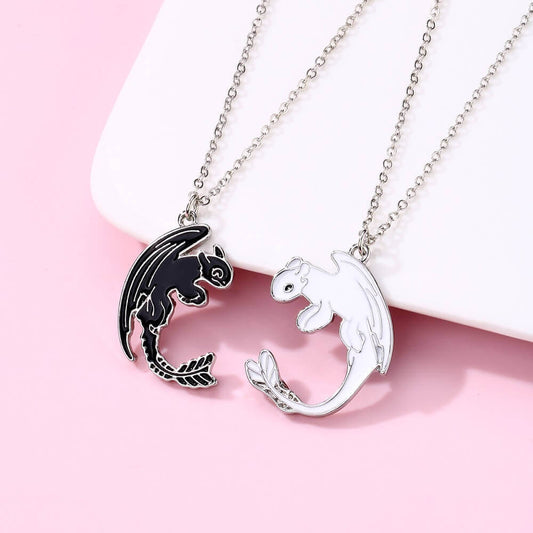 Black & White Dragon Friendship Necklace Set BFF/Couple Pendants