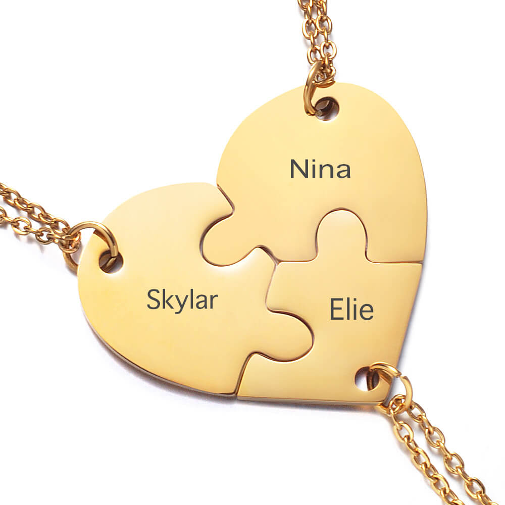 High-quality gold puzzle heart friendship necklaces for a group of 3 best friends, engraved with names Nina, Skylar, and Elie, symbolizing an unbreakable bond.
