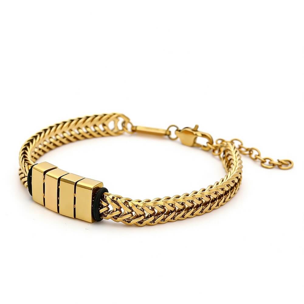 Gold braided bracelet with customizable engraved name beads for dad