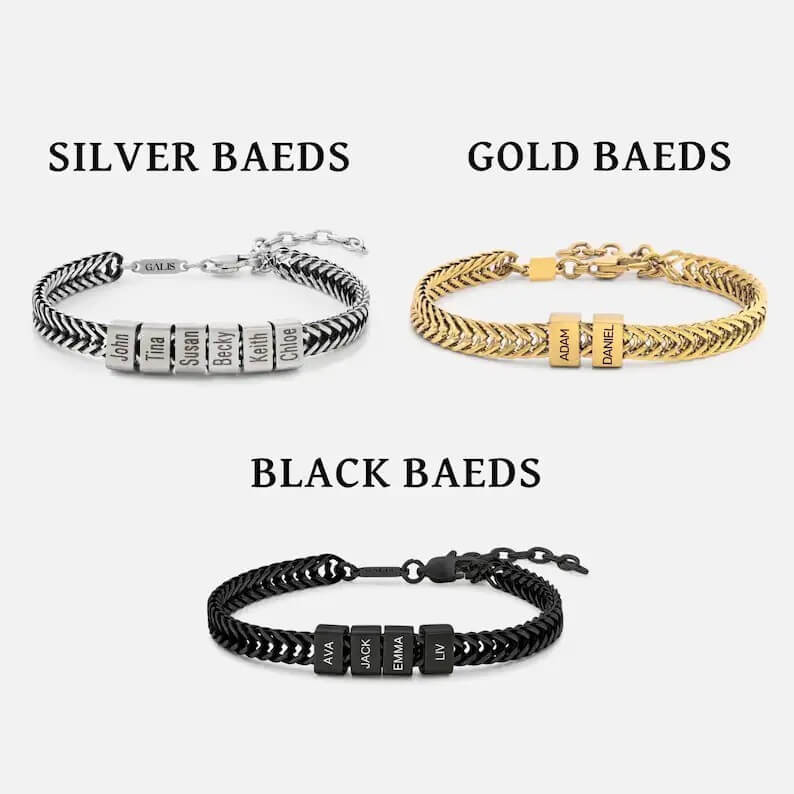 Personalized braided bracelet available in silver gold and black with engraved name beads