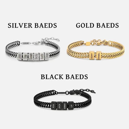 Personalized braided bracelet available in silver gold and black with engraved name beads