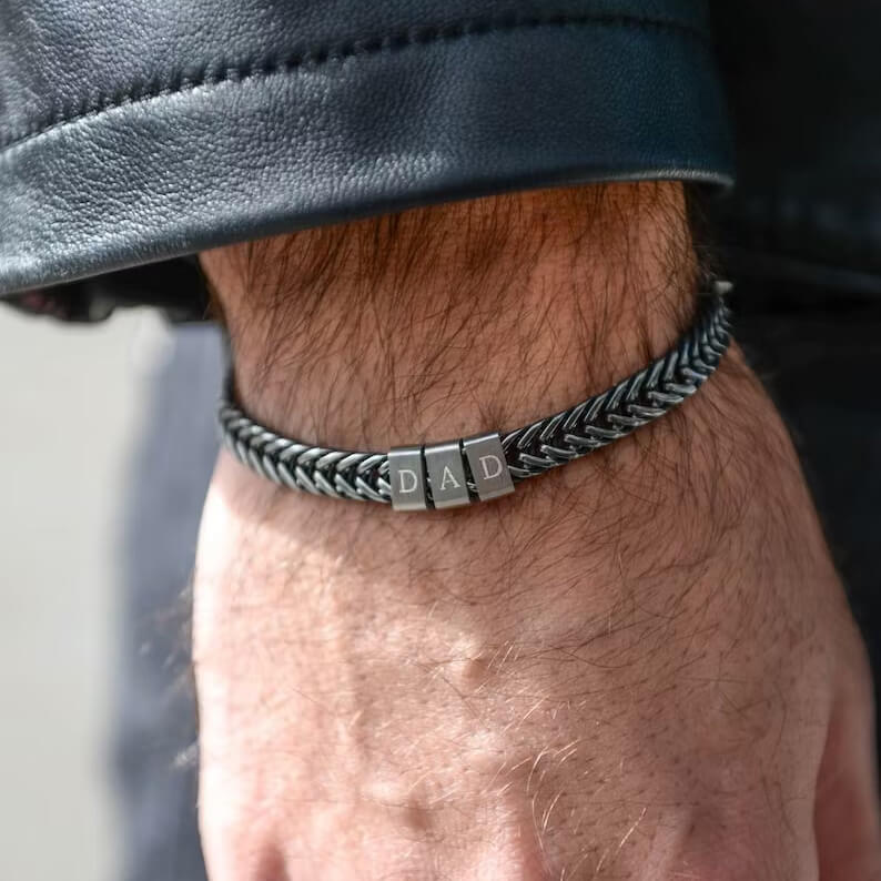 Braided men's bracelet with custom engraved DAD beads in black stainless steel