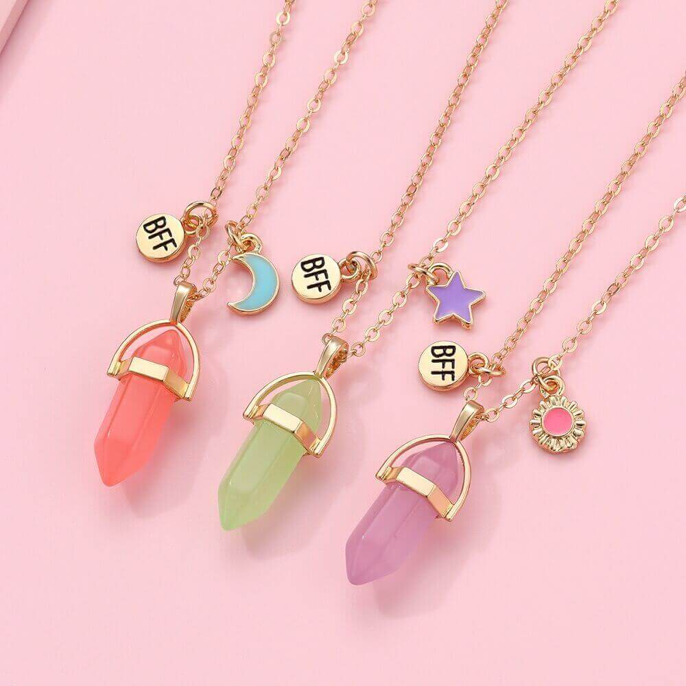 3-Piece Glow in The Dark Crystal BFF Necklace Set