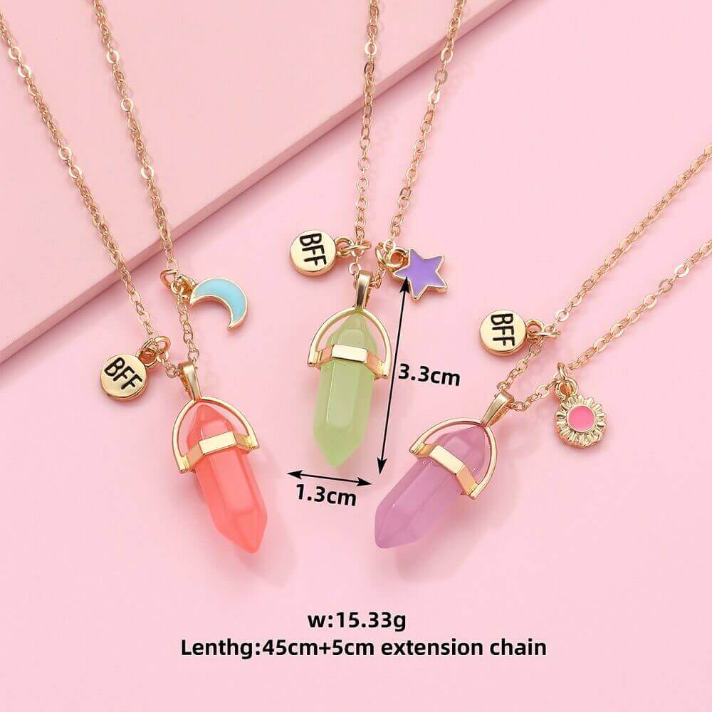 3-Piece Glow in The Dark Crystal BFF Necklace Set