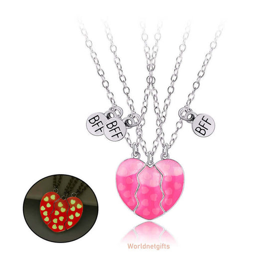 3-Person Friendship Family Necklace with Glowing Heart