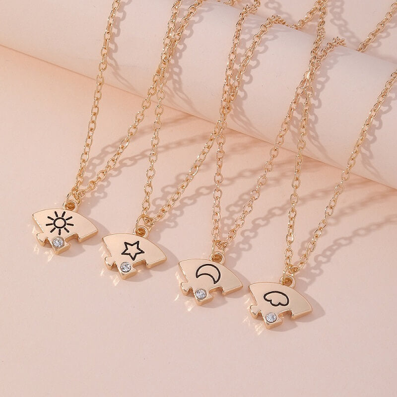4-Piece Puzzle Friendship Necklaces - Sun Moon Star Cloud Best Friend/BFF Jewelry Set