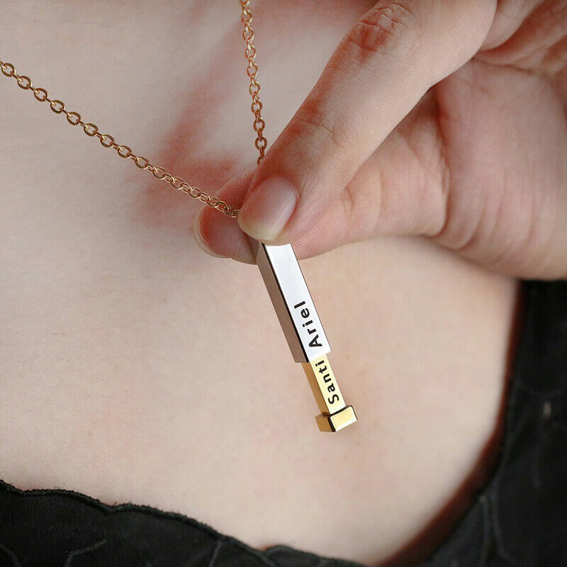 Adjustable 3D Pendant Necklace - Dual Engravings, Pull-to-Reveal