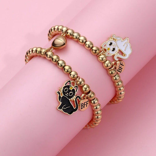 Black & White Cat Magnetic Gold Bead Bracelet Set