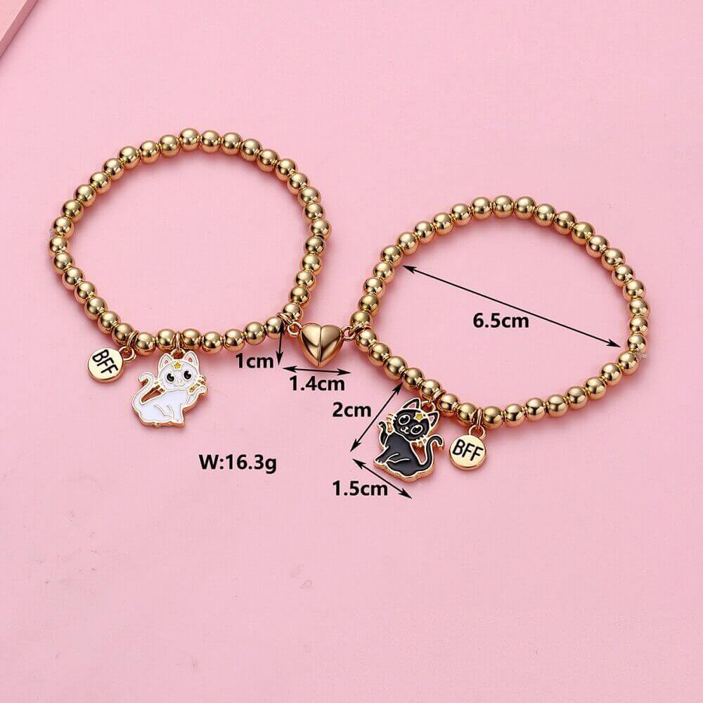 Black & White Cat Magnetic Gold Bead Bracelet Set
