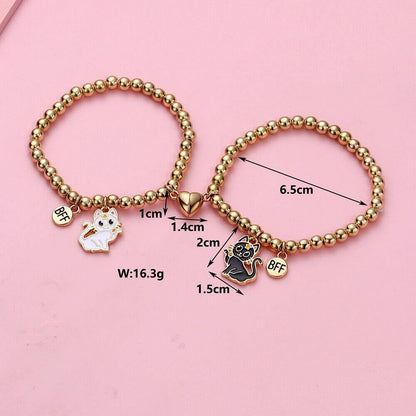 Black & White Cat Magnetic Gold Bead Bracelet Set
