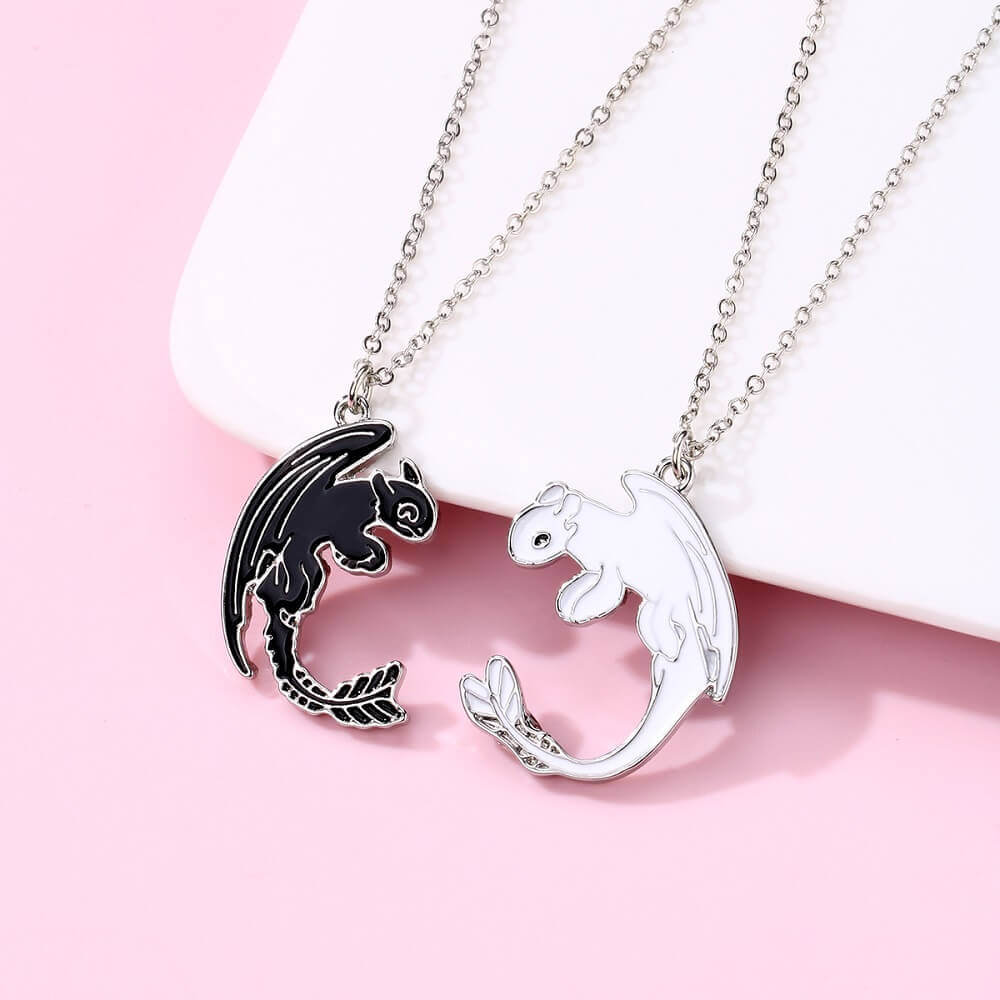 Black & White Dragon Friendship Necklace Set BFF/Couple Pendants