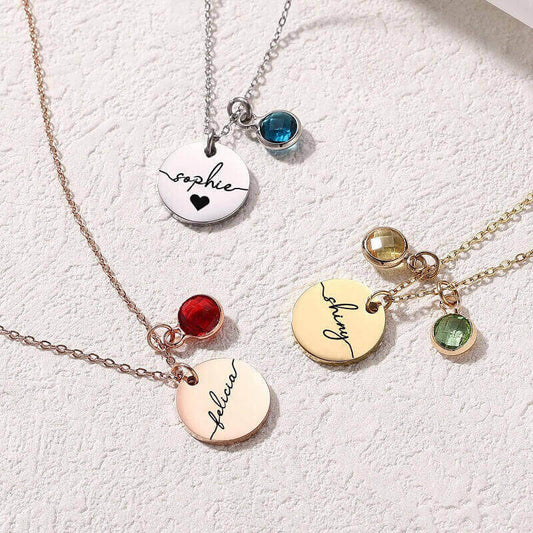 Custom Name & Birthstone Disc Necklace - Personalized Birthday Gift