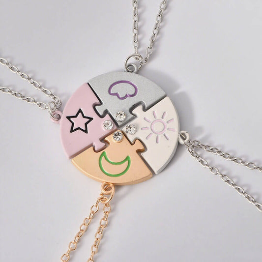 4-Piece Puzzle Friendship Necklaces - Sun Moon Star Cloud Best Friend/BFF Jewelry Set