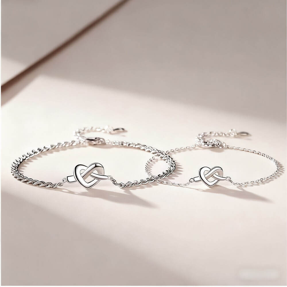 Heart Knot Couple Bracelets - Silver Matching Set for Two