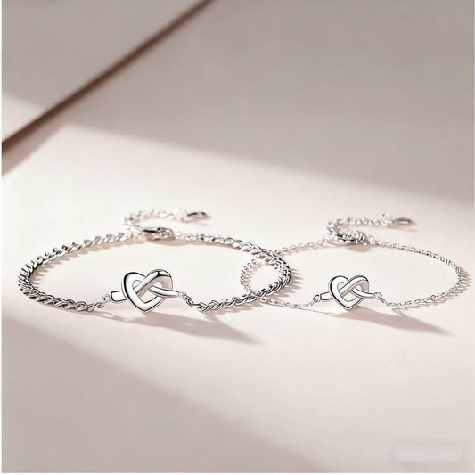 Heart Knot Couple Bracelets - Silver Matching Set for Two