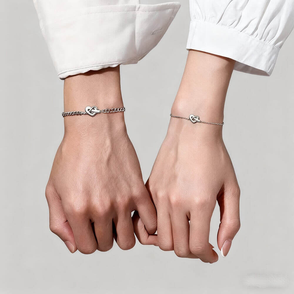 Heart Knot Couple Bracelets - Silver Matching Set for Two