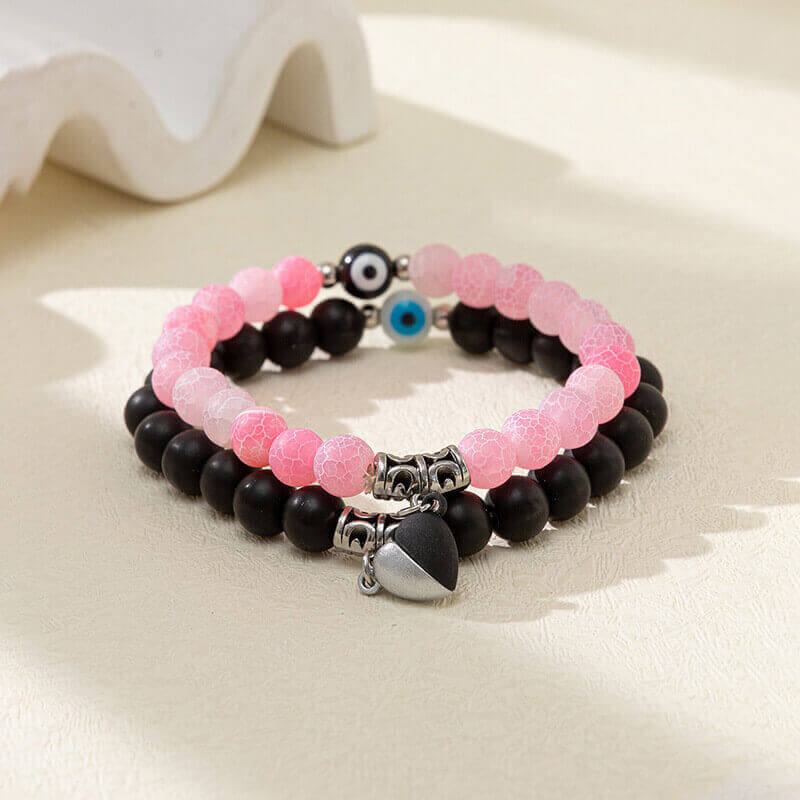 Magnetic Matching Bracelet Set - Heart Charm & Evil Eye