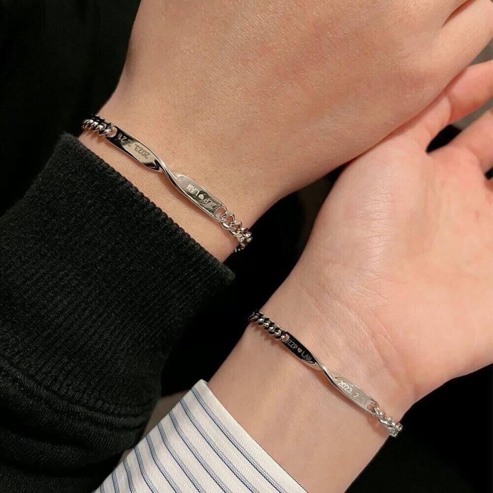 Personalized Engraved Couple Bracelets - Twisted Set with Customizable Text