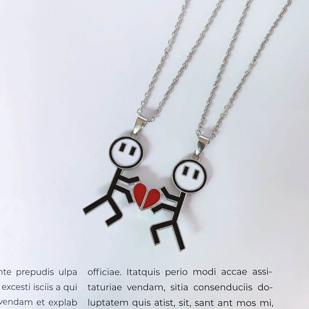Magnetic Stick Figure Heart Couple Necklaces