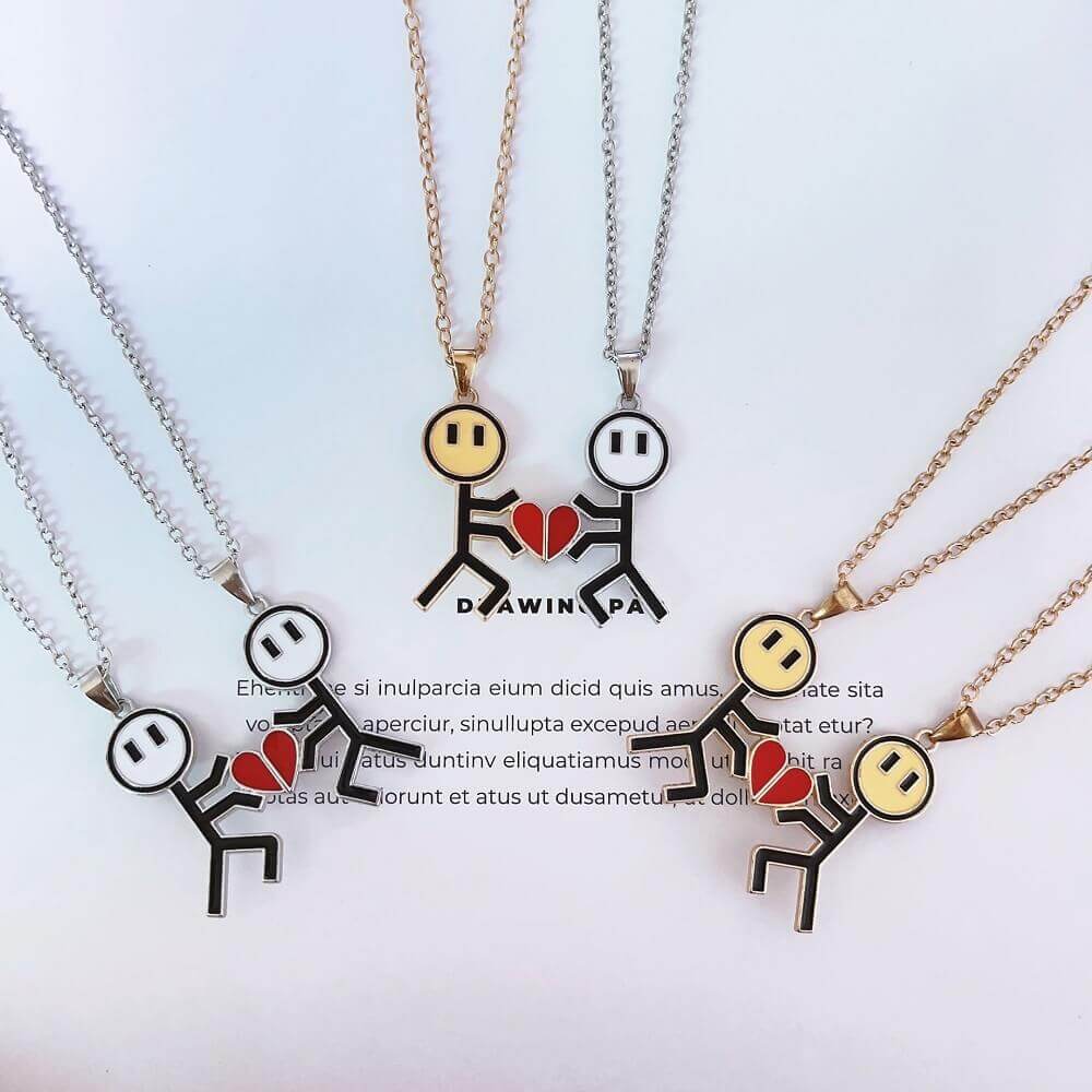 Magnetic Stick Figure Heart Couple Necklaces