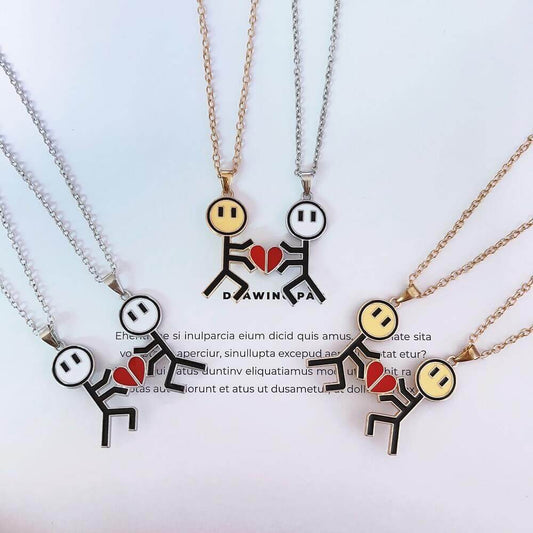 Magnetic Stick Figure Heart Couple Necklaces