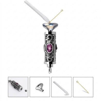 Cremation jewelry filling kit included with mini funnel, pin tool, and spoon for placing ashes into the stainless steel cylinder pendant.