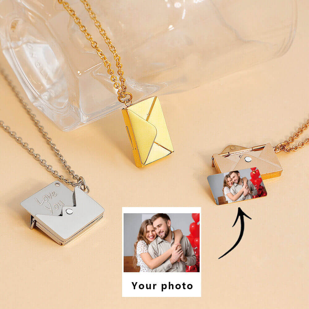 Guide showing how to customize the envelope necklace with personal text and a meaningful photo.