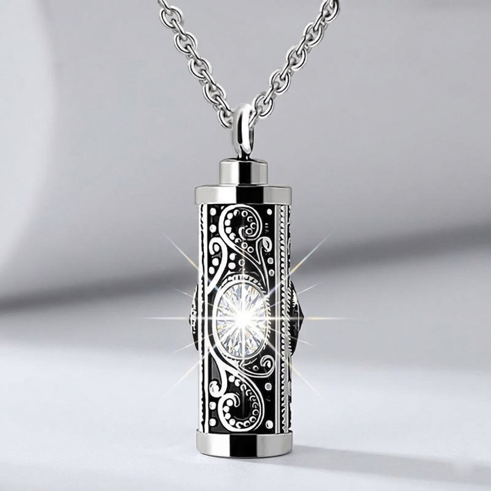 April birthstone clear diamond crystal stainless steel cremation jewelry, cylinder keepsake locket necklace for loved ones ashes.