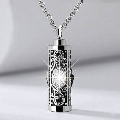 April birthstone clear diamond crystal stainless steel cremation jewelry, cylinder keepsake locket necklace for loved ones ashes.