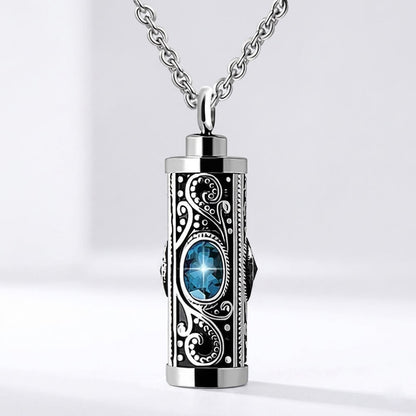 December birthstone blue topaz turquoise color crystal cylinder cremation urn necklace, eternal memory jewelry for loved ones ashes.