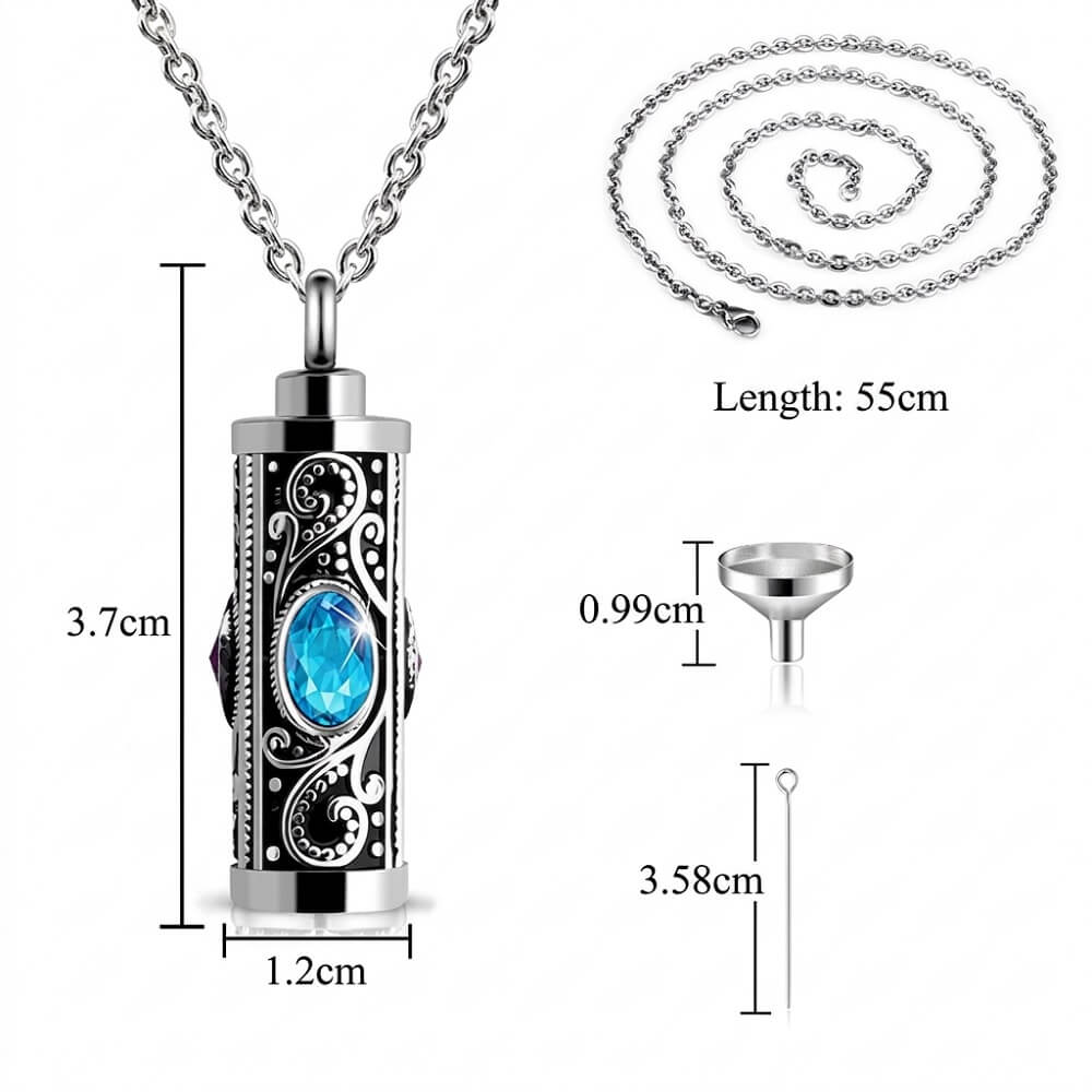 Product dimensions for cylinder urn necklace showing 3.7cm pendant height, 1.2cm width, 55cm chain length, and funnel tool filling kit.