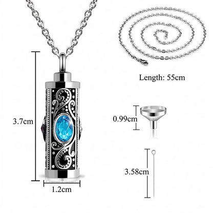 Product dimensions for cylinder urn necklace showing 3.7cm pendant height, 1.2cm width, 55cm chain length, and funnel tool filling kit.