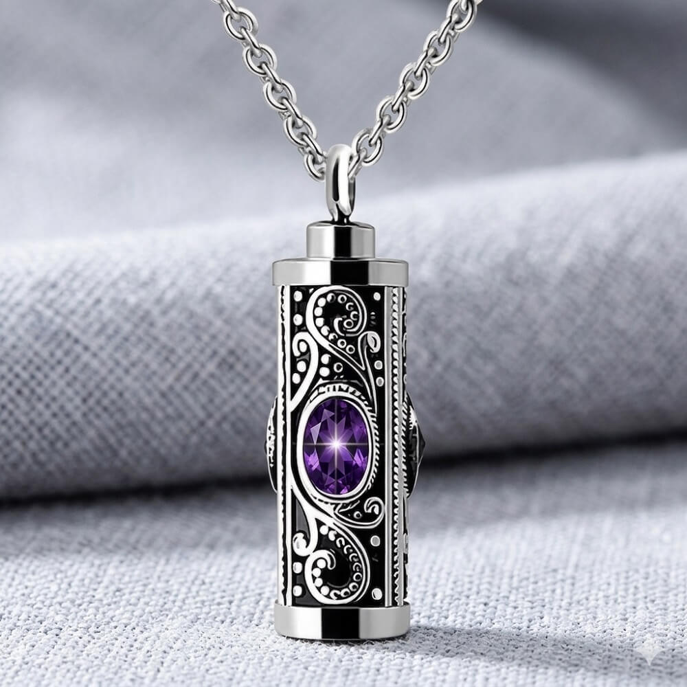Vintage stainless steel cylinder ashes keepsake pendant with oval purple February birthstone amethyst crystal, memorial sympathy gift.