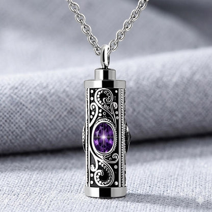 Vintage stainless steel cylinder ashes keepsake pendant with oval purple February birthstone amethyst crystal, memorial sympathy gift.