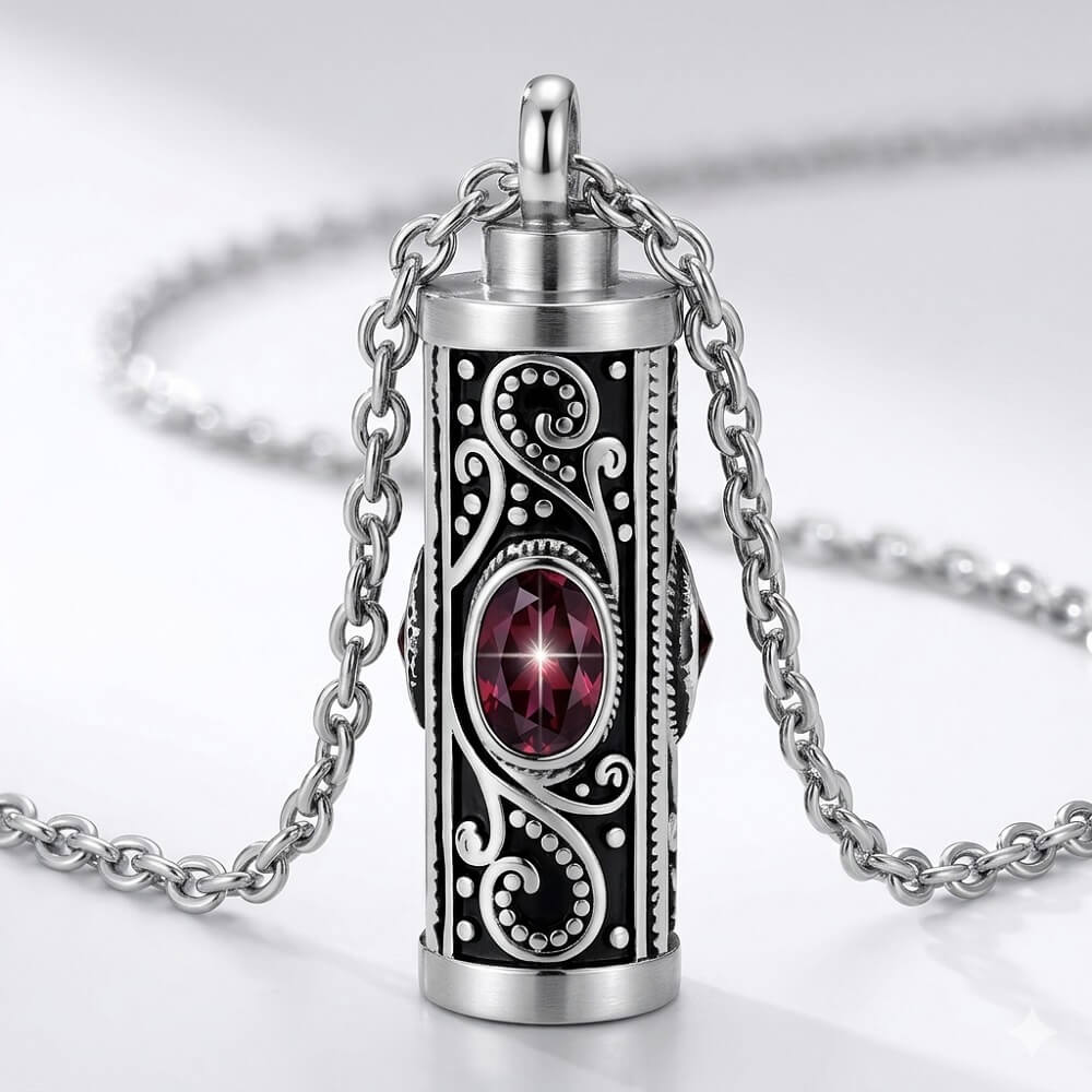 Cylinder cremation urn necklace for ashes with oval vintage January birthstone dark red garnet, stainless steel memorial jewelry for loss of a loved one.