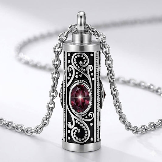 Cylinder cremation urn necklace for ashes with oval vintage January birthstone dark red garnet, stainless steel memorial jewelry for loss of a loved one.