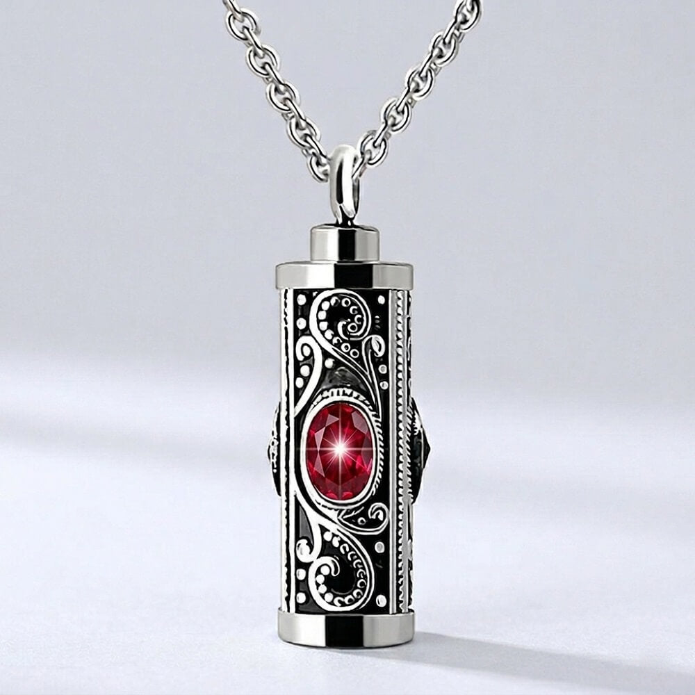 July birthstone ruby red oval crystal cylinder ash holder necklace, stainless steel memorial locket urn jewelry for loss of mother father.