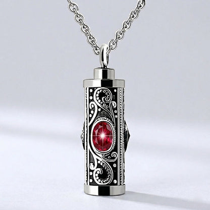 July birthstone ruby red oval crystal cylinder ash holder necklace, stainless steel memorial locket urn jewelry for loss of mother father.