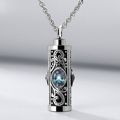 June birthstone alexandrite light purple gemstone cylinder cremation urn pendant, remembrance keepsake jewelry for family.
