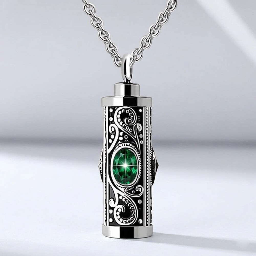 May birthstone emerald green oval crystal cylinder urn necklace, waterproof stainless steel ashes holder memorial pendant jewelry.