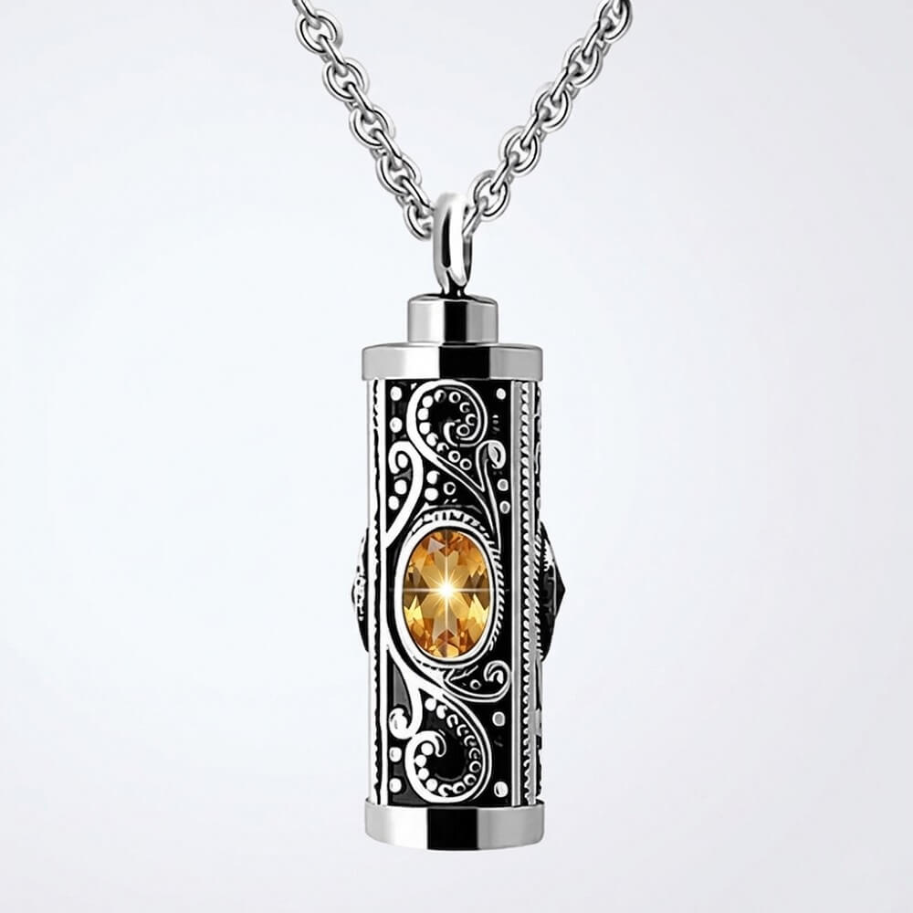 November birthstone citrine yellow gold crystal cylinder ashes holder pendant, stainless steel memorial urn necklace for loss of family.