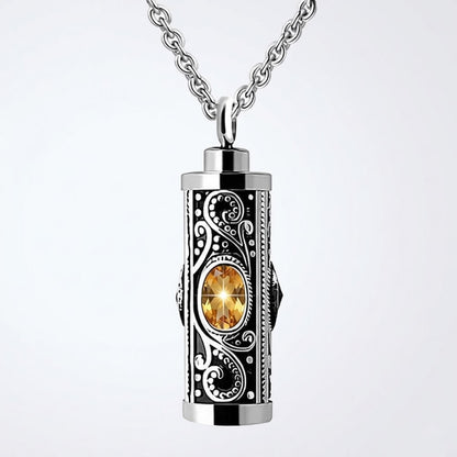 November birthstone citrine yellow gold crystal cylinder ashes holder pendant, stainless steel memorial urn necklace for loss of family.