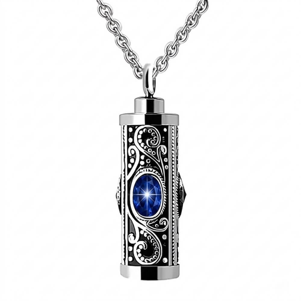 September birthstone sapphire deep blue crystal cylinder urn necklace, waterproof stainless steel ashes keepsake funeral memorial jewelry.