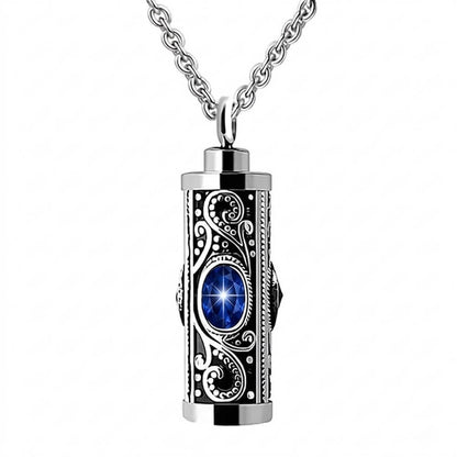September birthstone sapphire deep blue crystal cylinder urn necklace, waterproof stainless steel ashes keepsake funeral memorial jewelry.
