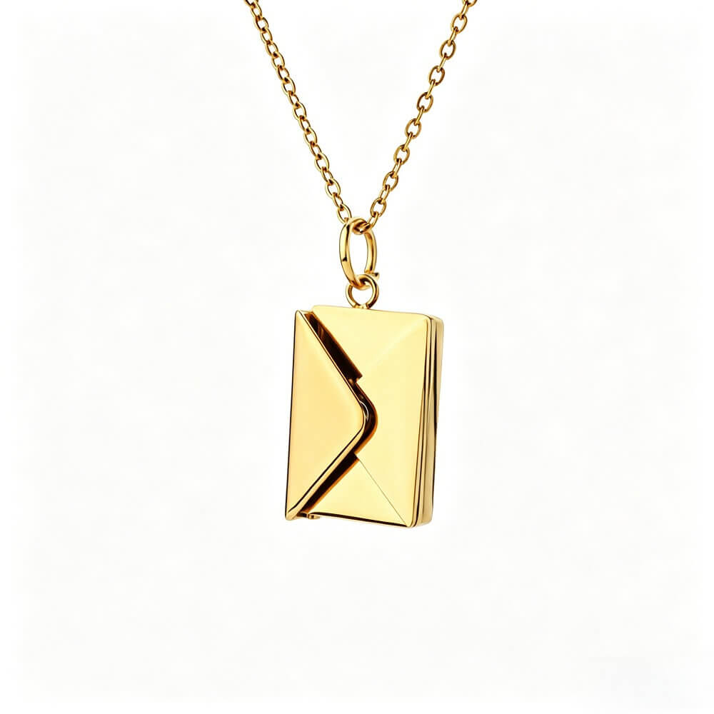 Luxurious 14K gold plated envelope necklace featuring a hidden love letter design for romantic gifting