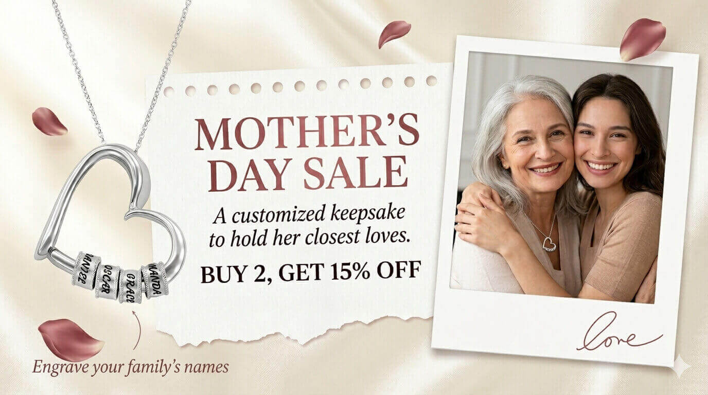 Mother's Day sale banner featuring personalized heart-engraved family name necklace and happy mother-daughter photo