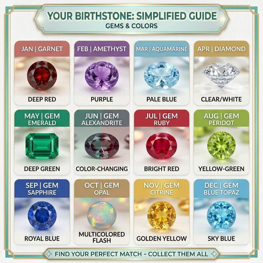 12 months birthstone color chart for personalized urn necklaces for ashes and custom cremation memorial jewelry.