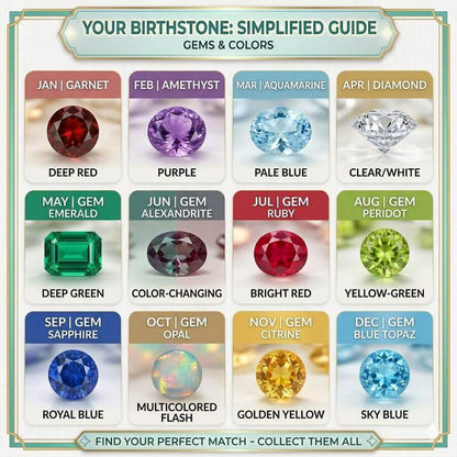 12 months birthstone color chart for personalized urn necklaces for ashes and custom cremation memorial jewelry.