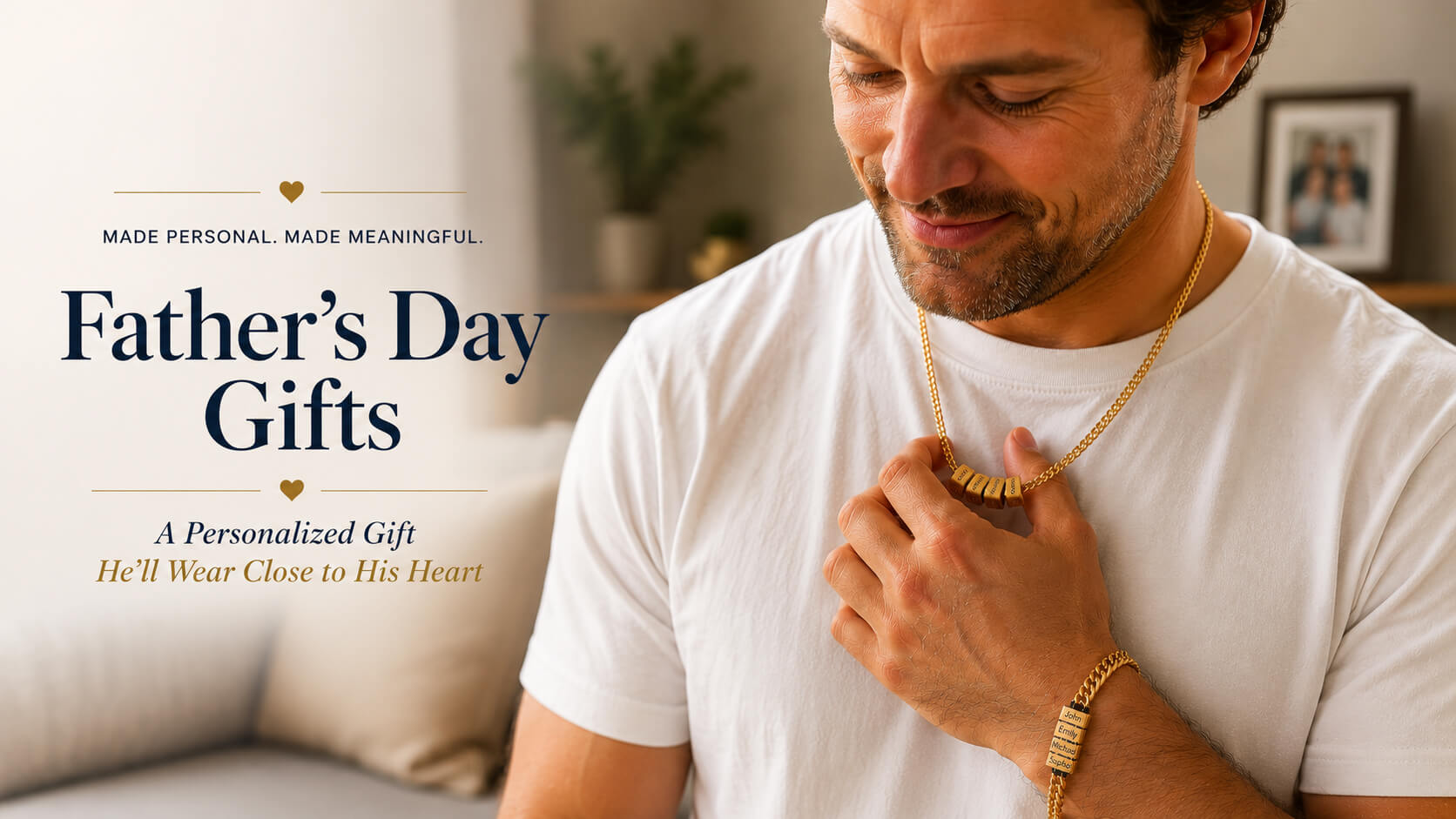 Father wearing a personalized necklace engraved with children's names, custom Father's Day gift.