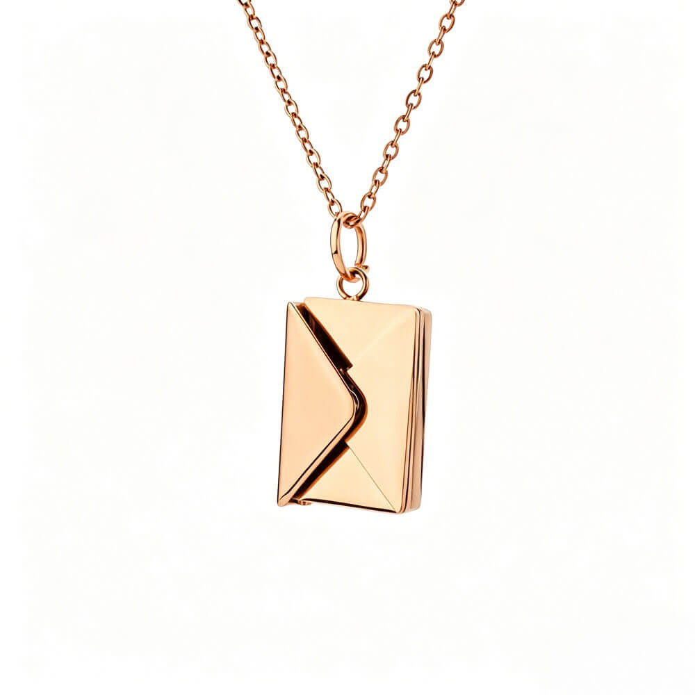 Elegant 14K rose gold plated envelope pendant necklace, a personalized sentimental gift for her.